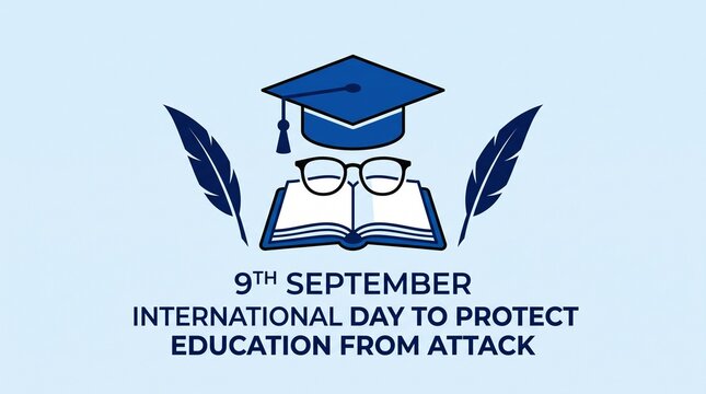 Graduation cap and open book icon graphic representing the International Day to Protect Education from Attack on September ninth.