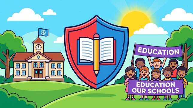 School building and diverse children holding banners with a large protective shield featuring an open book and pencil.
