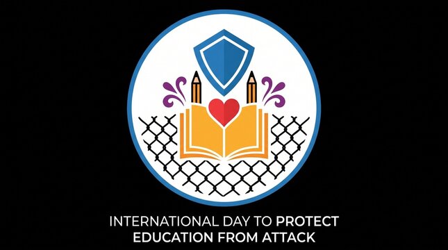 International Day to Protect Education from Attack emblem with a heart shield over an open book against a dark background.