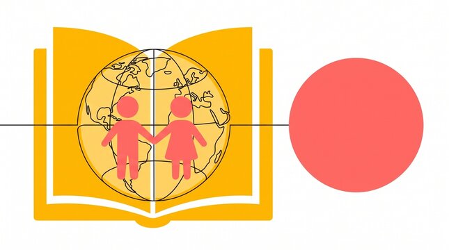 Illustration showing an open book with a globe background and human figures standing together inside a graphic design.