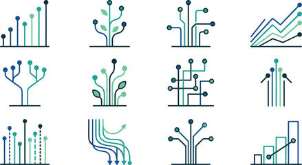 Fototapeta premium Green Technology and Data Analytics Vector Icon Set Featuring Electronic Circuits, Growth Charts, Digital Sprout Trees, and Sustainable Tech Nodes