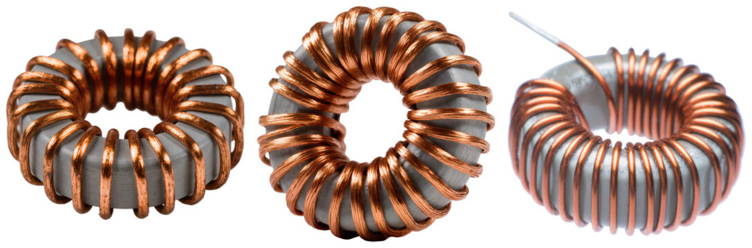 Three toroidal inductors with copper windings on grey cores, isolated on a white background.