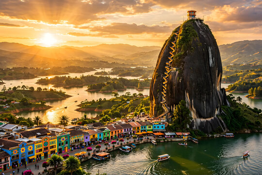 Golden Sunset Over the Colorful Waterfront Town and Towering Rock of Guatape