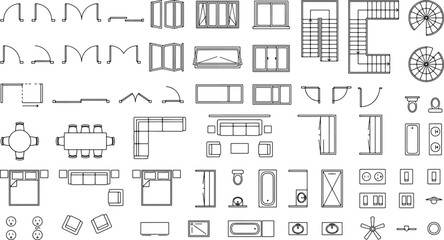 Obraz premium Architectural floor plan symbols set featuring furniture doors windows and stairs for interior design drafting projects