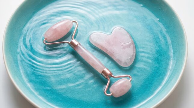 Rose quartz facial roller and gua sha tool in a turquoise bowl with water