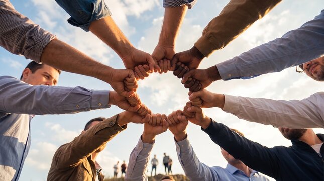 Group of diverse men joining fists in unity outdoors