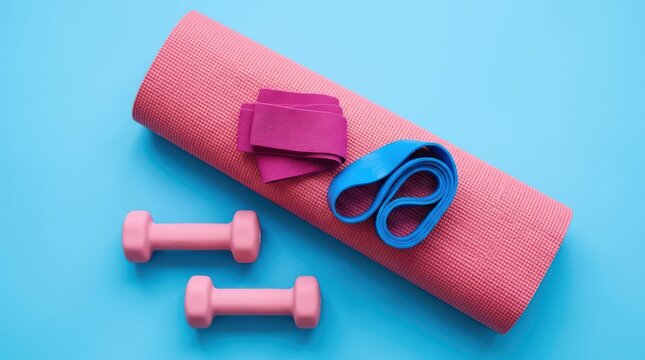 Pink yoga mat with dumbbells and resistance bands on a blue background
