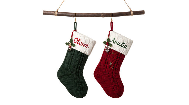 Two Christmas stockings personalized with names Oliver and Amelia hanging on a branch PNG Isolated on transparent background