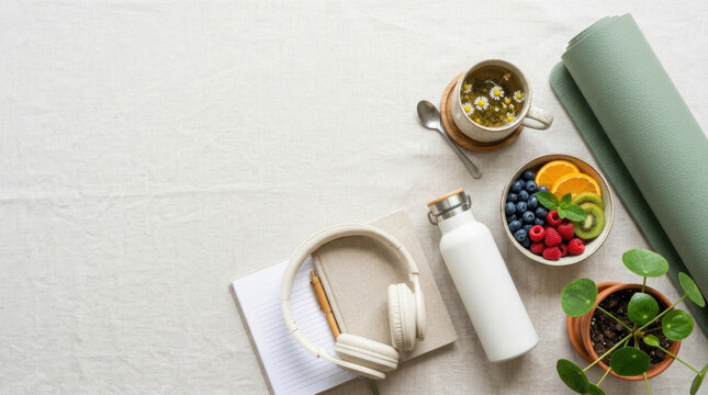 Flat lay of a yoga mat with chamomile tea, fresh fruit bowl, and headphones representing healthy morning wellness, peaceful mindfulness routine, and balanced self care lifestyle.