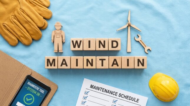 Flat lay of wooden blocks spelling WIND MAINTAIN with an engineer figure, wind turbine, and safety gear representing renewable energy service, green power engineering, and sustainable equipment inspec