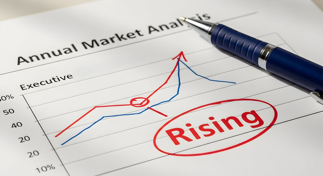 Annual Market Analysis Graph Showing Rising Trends and Future Projections With Pen on Document in Office Setting