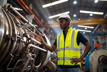 Fototapeta premium Black Engineer Inspecting Industrial Turbine Machinery in Manufacturing Factory