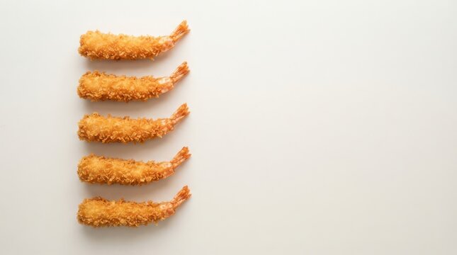 Five pieces of crispy fried breaded shrimp isolated on white background
