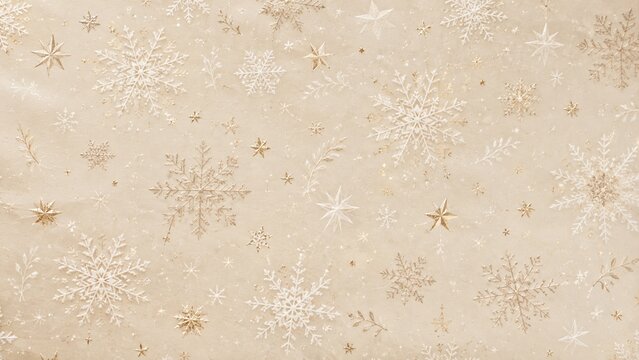 Christmas wrapping paper pattern with snowflakes in minimalist neutral beige colors, holiday background with copy space