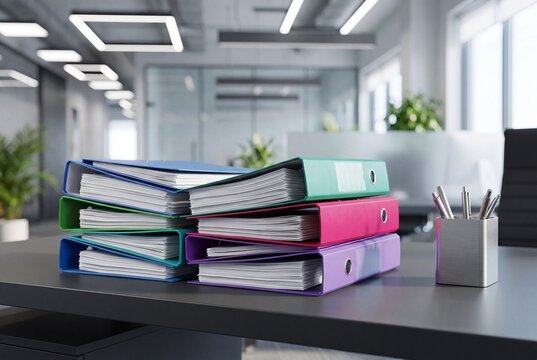 Stack of Colorful Office Binder Folders on Desk in Modern Corporate Workplace