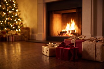 Naklejka premium Wrapped Christmas Gifts Near Fireplace and Glowing Tree
