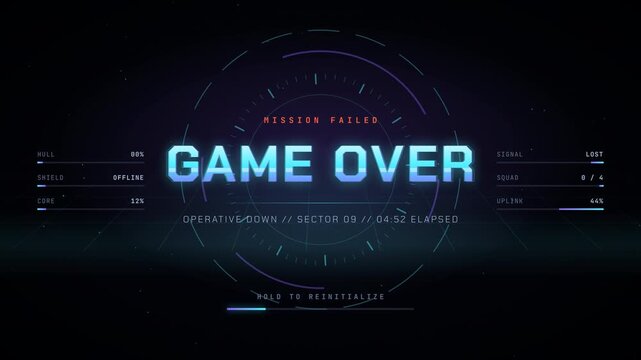 Game over sign in blue with dark background in futuristics game concept
