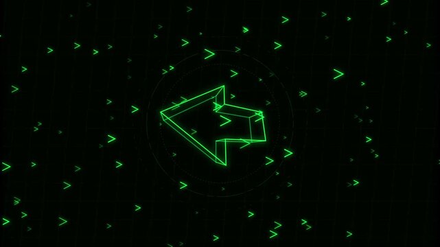 Neon green digital arrow hud interface rotating in cyber space background
