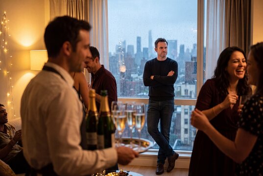 Man standing apart from party guests in urban apartment with city views