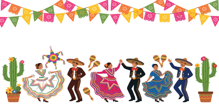 Mexican fiesta border background featuring traditional folklore dancers mariachi performers pinata and colorful papel picado garlands.
