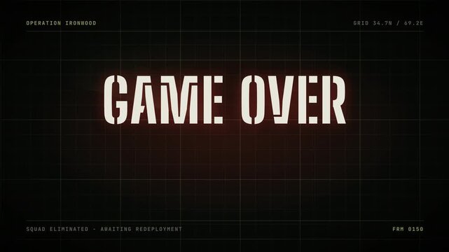 Game over sign in red with dark background in war game concept