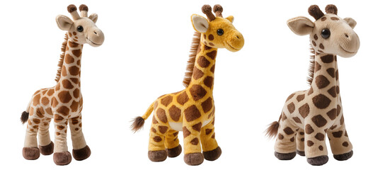 Three plush toy giraffes with brown spots on a white background © Trieu