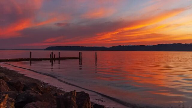 Static shot of a vivid orange and pink sunset sky reflected in the calm waters of Puget Sound, with a wooden pier and rocky shoreline in the foreground, Mukilteo, Washington, USA