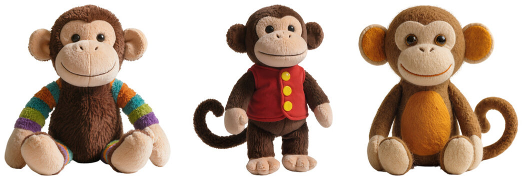 Three stuffed monkey toys isolated on a white background
