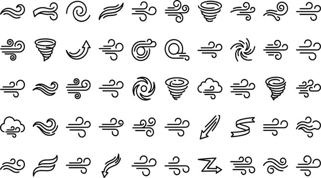 Abstract Wind and Air Flow Outline Icons Collection with Tornado and Breeze Symbols