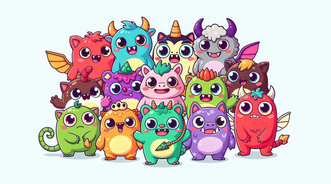Group of cute colorful monster characters posing together