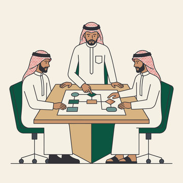 Flat Illustration of Three Arab Businessmen in Traditional Thobe and Ghutra Discussing a Flowchart Diagram and Strategic Plan Around a Table in a Corporate Office Setting