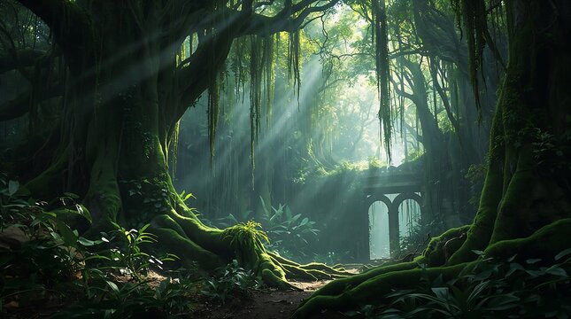 Ancient stone archway ruins hidden in a lush, sunlit tropical rainforest