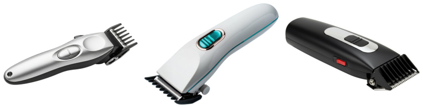 Three different electric hair clippers isolated on a white background
