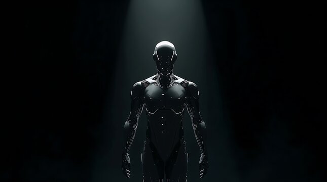 A futuristic robot standing alone in a dark room with a spotlight shining on it