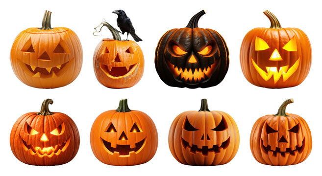 PNG Halloween jack o lantern pumpkins with spooky carved faces, transparent background