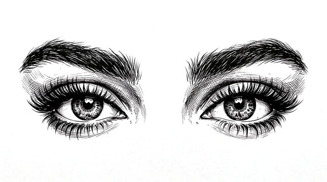 Elegant Realistic Eyes Illustration With Bold Eyebrows and Lush Eyelashes Beautiful Feminine Facial Feature Line Art Design
