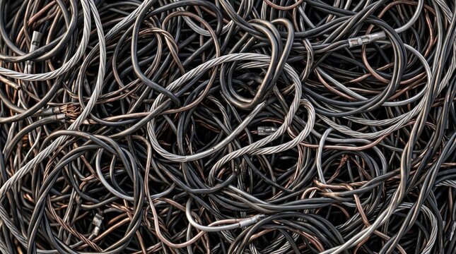 A dense, chaotic pile of tangled black and metallic silver electrical wires, creating a complex, overlapping texture of circular loops and knotted industrial cables