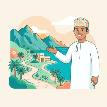 Flat vector illustration of a smiling Omani man in traditional white dishdasha and kumma gesturing toward a scenic coastal landscape with mountains, sea, palm trees, and a village.