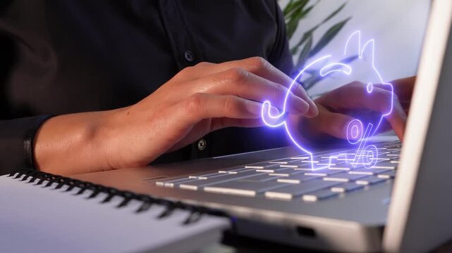 Bank deposit returns. Close-up of a professional woman's hands using a computer, showing a virtual icon of a piggy bank with a percentage sign.