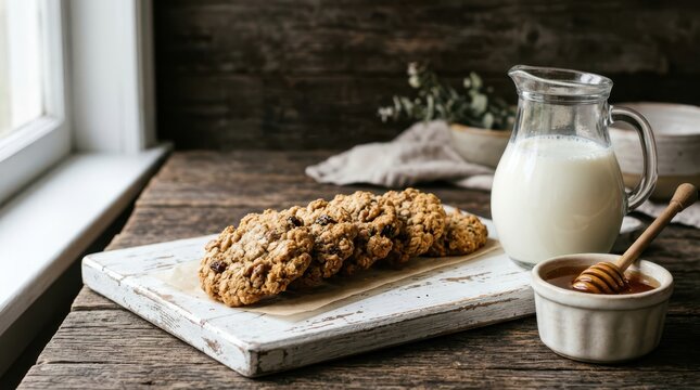 Fresh oatmeal cookies served with a glass pitcher of milk and a small bowl of honey on a rustic wooden table