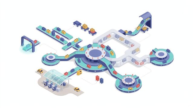 Isometric 3D illustration of an automated airport baggage handling and security sorting system with conveyor belts and luggage carousels