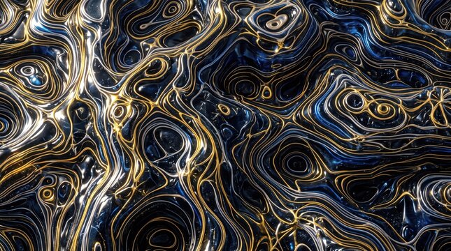 Abstract 3 d render featuring flowing dark blue liquid waves intersected by intricate, glowing gold metallic lines and concentric contour patterns