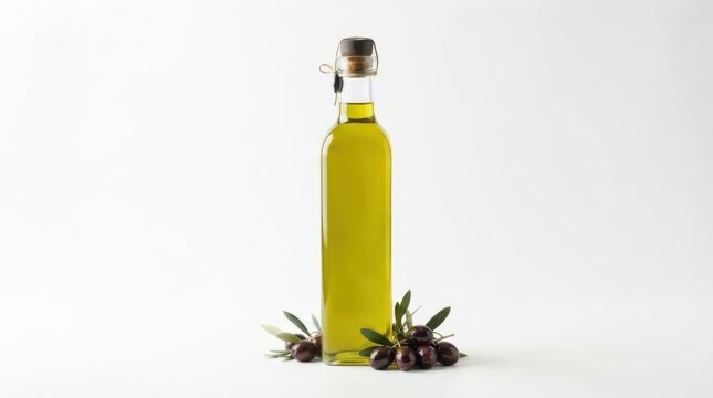 Glass bottle of extra virgin olive oil with fresh black olives isolated on white background