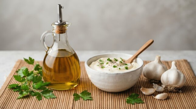 Bowl of homemade garlic aioli sauce with olive oil, fresh parsley, and garlic bulbs on a bamboo mat