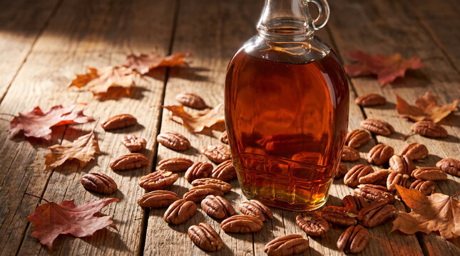 maple syrup bottle surrounded by pecans and fall leaves