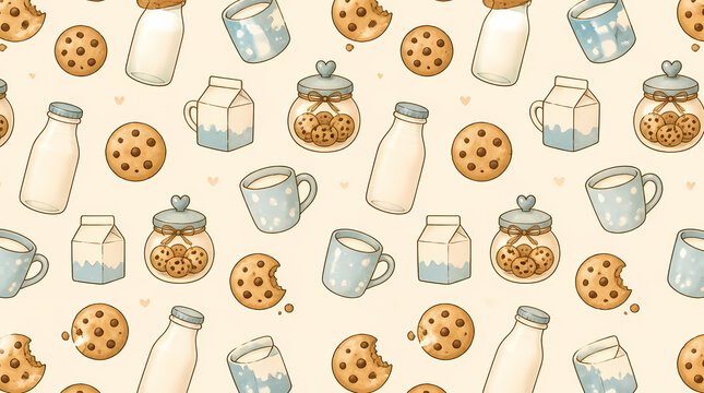 Delightful repeating pattern featuring sweet chocolate chip cookies and fresh dairy beverages arranged nicely together, creating a joyful graphic motif perfect for bakery textile designs