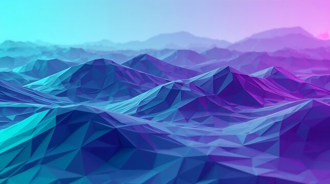 Low poly mountain range landscape with purple and blue hues at sunset