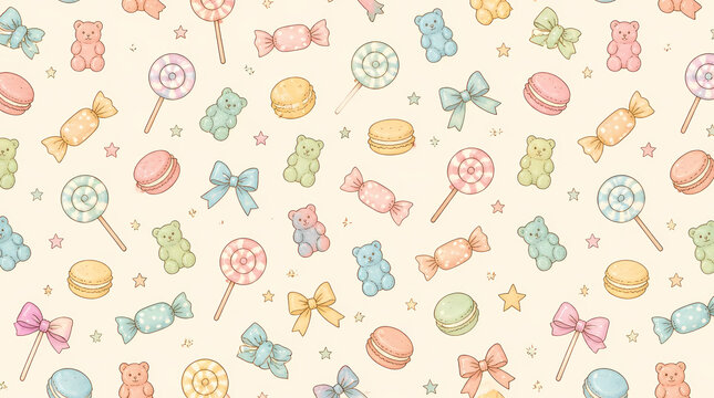 Delightful pastel confectionery pattern featuring cute gummy bears, sweet lollipops, tasty macarons, and pretty bows arranged harmoniously to create a charming childhood nostalgic visual