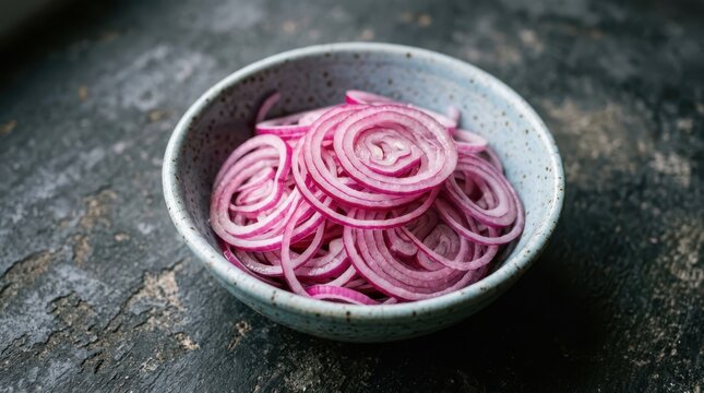 Fresh sliced red onion rings in a small blue ceramic bowl on a dark textured surface