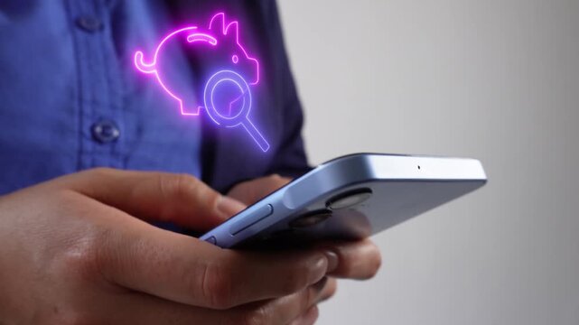 Expense tracking. Businesswoman holding a smartphone, with a virtual piggy bank icon and a magnifying glass.